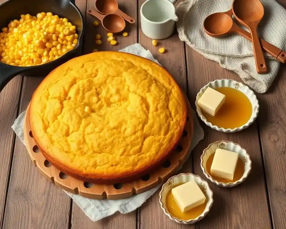 A golden, crumbly slice of southern cornbread, served with a pat of butter on top.