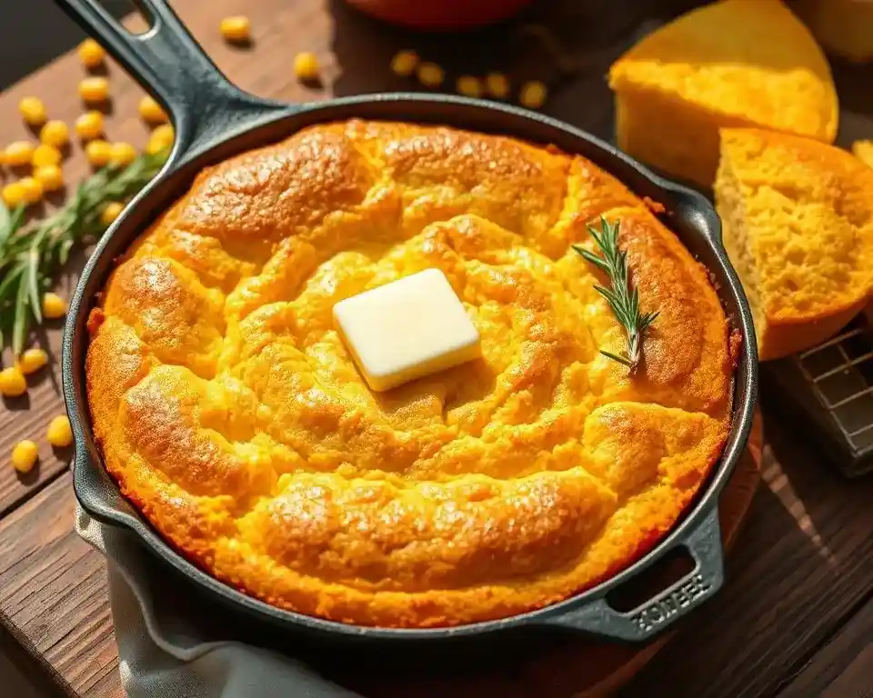 A golden, crumbly slice of southern cornbread, served with a pat of butter on top.