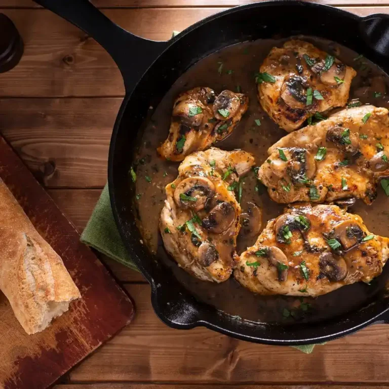 A plate of chicken marsala, featuring tender chicken breasts in a rich, savory mushroom sauce.