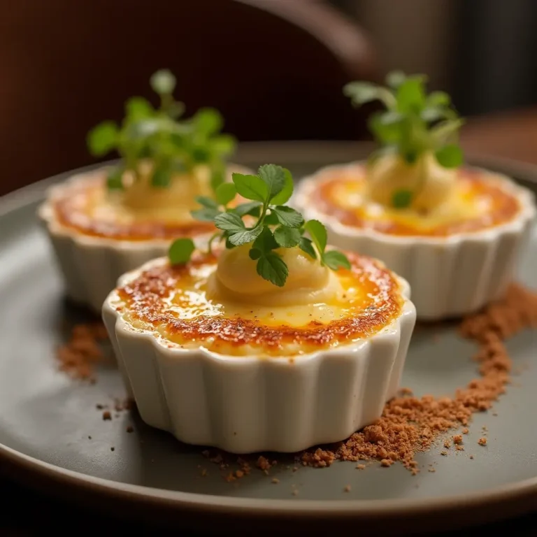 A dish of crab brulee, featuring a golden, caramelized crust atop a creamy crab filling.