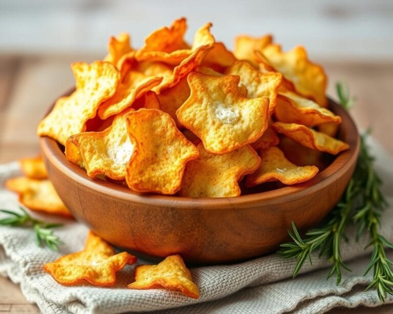 A bowl of crispy cottage cheese chips, golden and crunchy, served as a healthy snack option.