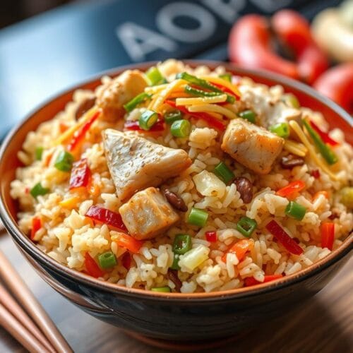 A plate of Benihana-style chicken fried rice, with tender chicken, vegetables, and flavorful rice, stir-fried to perfection.