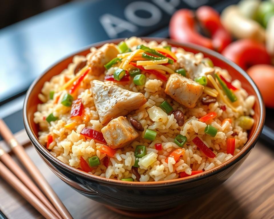 A plate of Benihana-style chicken fried rice, with tender chicken, vegetables, and flavorful rice, stir-fried to perfection.