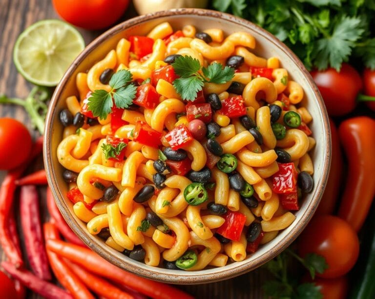 A bowl of colorful Mexican macaroni salad, featuring pasta, corn, peppers, and a creamy dressing.