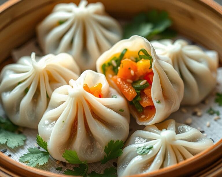 A plate of vegetarian soup dumplings, delicately steamed with a savory broth inside.