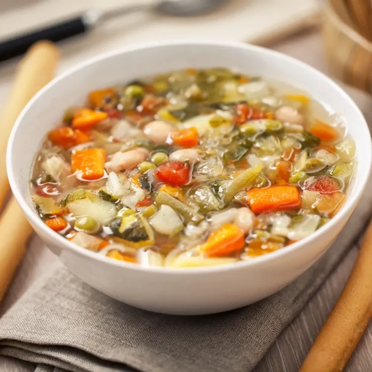 A bowl of hearty swamp soup, filled with greens, vegetables, and a savory broth.