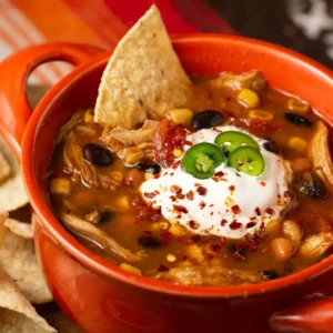 A taco soup recipe, loaded with hearty vegetables, beans and a flavorful broth, topped with crispy fried tortilla strips.