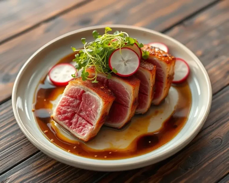 A golden-seared ahi tuna steak, sliced to reveal a tender, pink center, garnished with sesame seeds and served with soy dipping sauce.