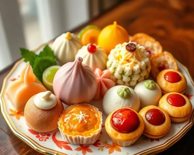 A variety of Asian desserts, including mochi, mango sticky rice, and sesame balls, beautifully arranged on a dessert platter.