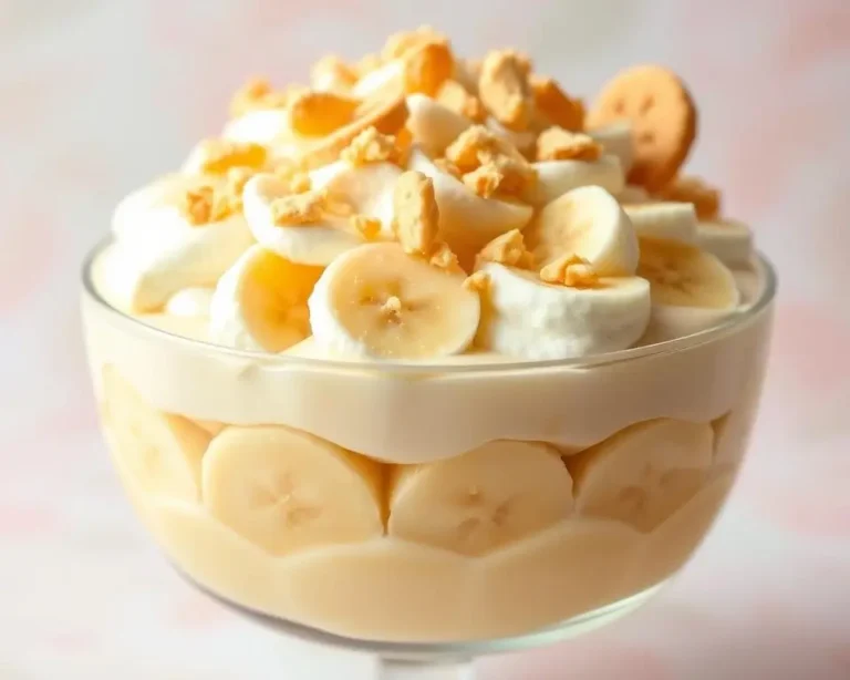 A creamy banana pudding served in a glass dish, layered with vanilla wafers, fresh banana slices, and whipped cream.