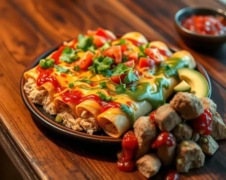 A plate of hearty boulders enchiladas filled with savory ingredients, topped with melted cheese and a rich enchilada sauce, served with fresh cilantro and lime wedges.