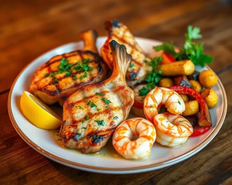 A plate of chicken and shrimp cooked together in a savory sauce with vegetables and served over rice or pasta.