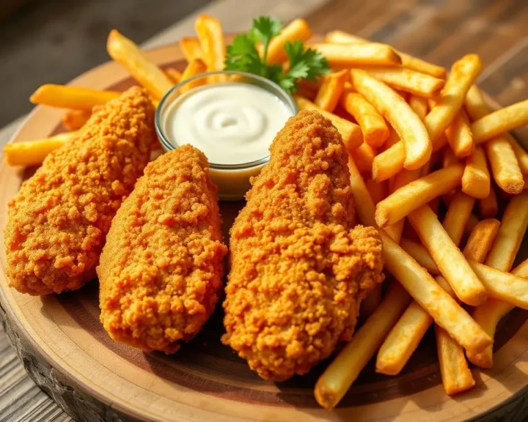 A plate of crispy chicken tenders paired with golden, perfectly cooked fries, served with dipping sauces on the side.