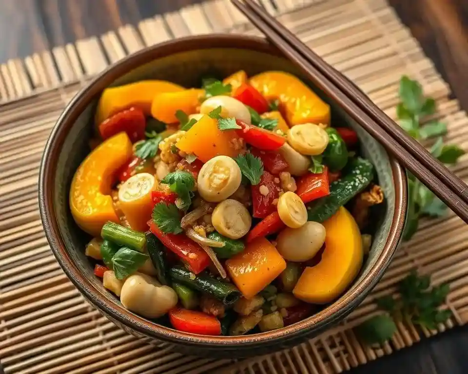 A delicious plate of kabocha squash, cooked with savory seasonings, herbs, and vegetables, showcasing a vegan Chinese-inspired dish.