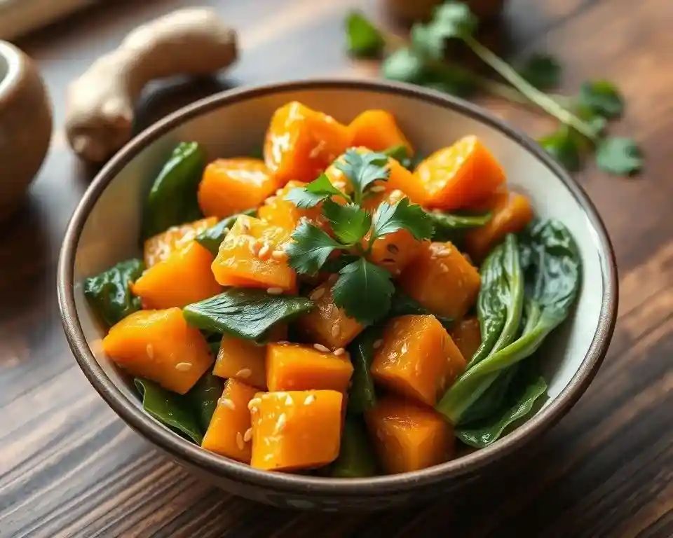 A delicious plate of kabocha squash, cooked with savory seasonings, herbs, and vegetables, showcasing a vegan Chinese-inspired dish.