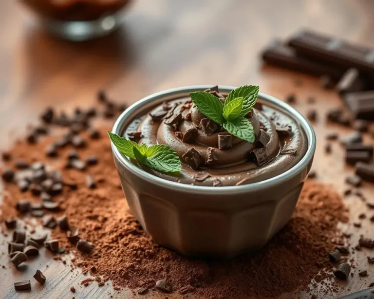 A glass bowl of creamy chocolate mousse topped with whipped cream and chocolate shavings, served on a rustic wooden table.