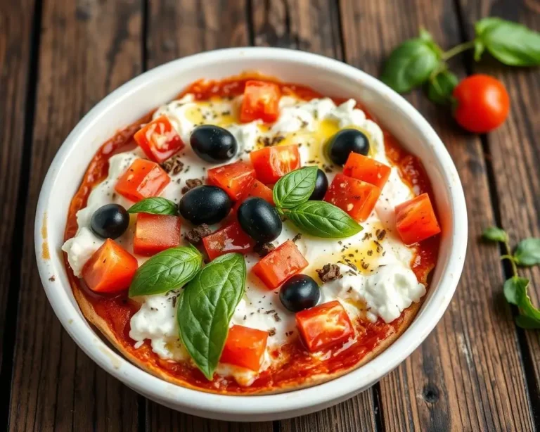 A savory cottage cheese pizza bowl topped with melted cheese, tomato sauce, and fresh herbs, served in a small baking dish.