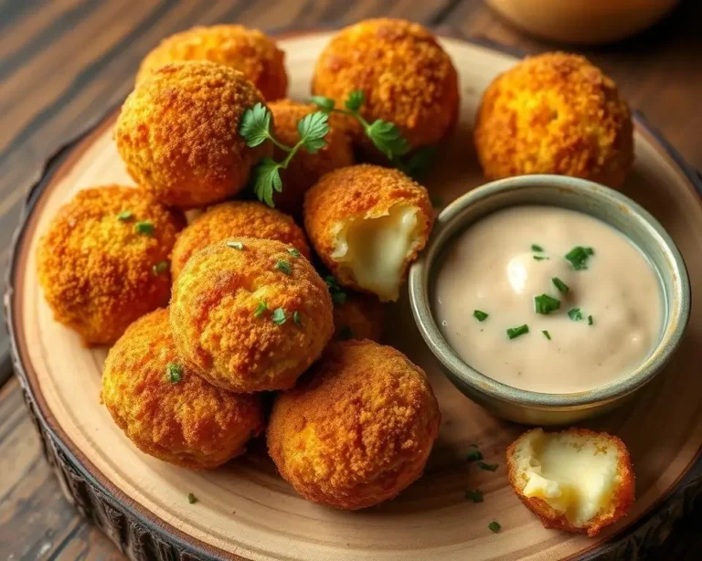 Crispy Gouda cheese croquettes on a plate, golden brown and served with a creamy dipping sauce.