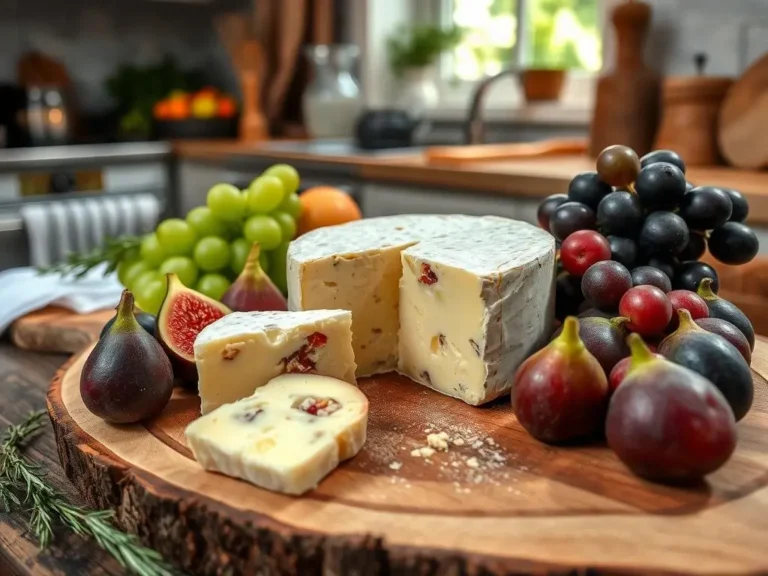 A wedge of Gruyère cheese with a smooth, golden rind and a creamy, nutty interior, served with bread and fruit.