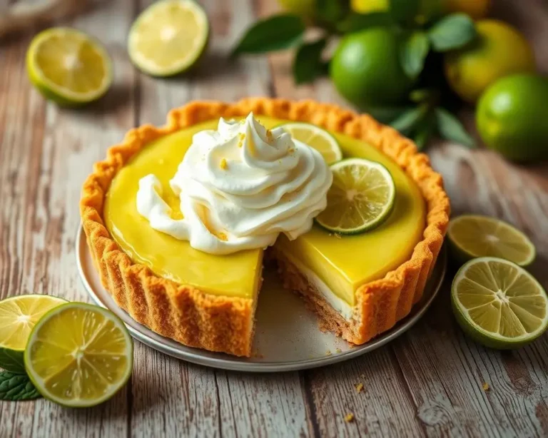 A creamy key lime pie topped with whipped cream and lime zest, served in a graham cracker crust.