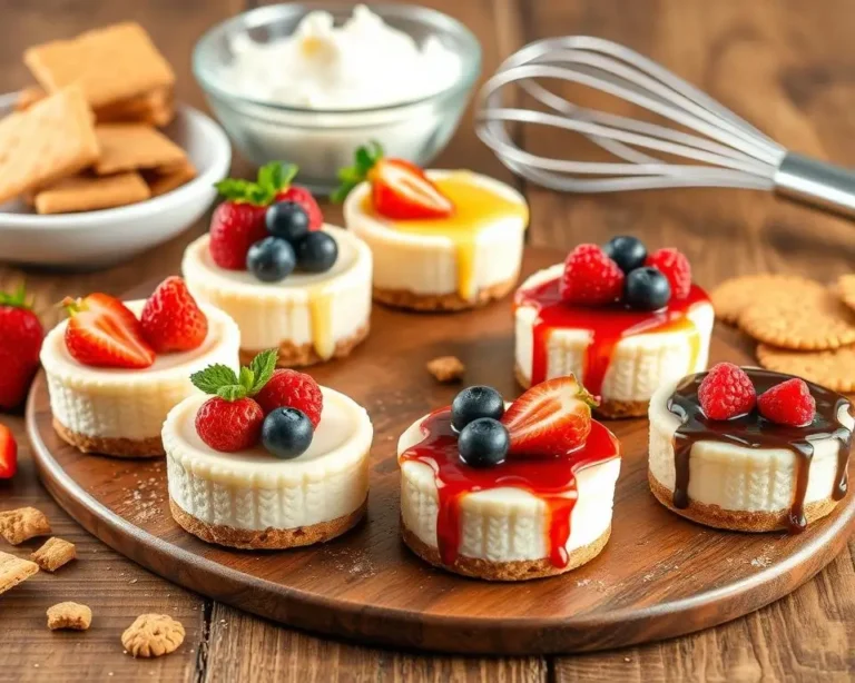 A plate of mini cheesecakes topped with fresh berries and a drizzle of chocolate sauce, perfect for individual servings.