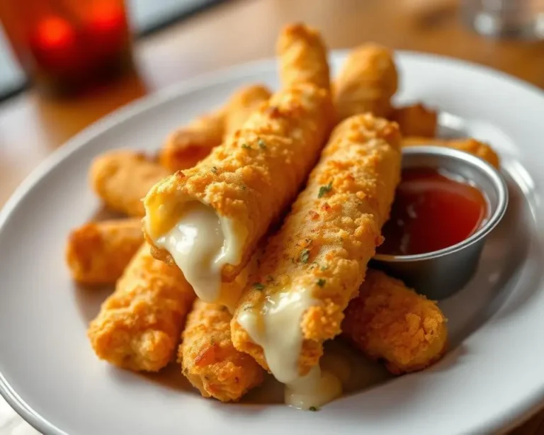 A plate of golden, crispy cheese sticks from Pizza Hut, served with marinara dipping sauce on the side.