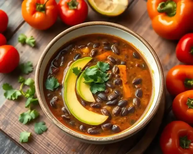 A bowl of vibrant purple black bean soup garnished with sour cream, cilantro, and lime wedges, served with crusty bread.