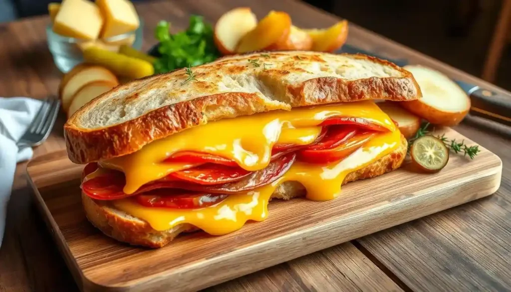 A delicious raclette sandwich featuring melted cheese, crispy bread, and fresh ingredients like ham, pickles, and greens.