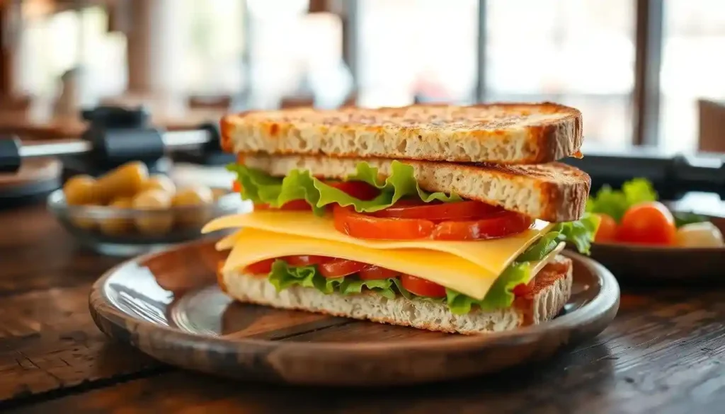 A delicious raclette sandwich featuring melted cheese, crispy bread, and fresh ingredients like ham, pickles, and greens.