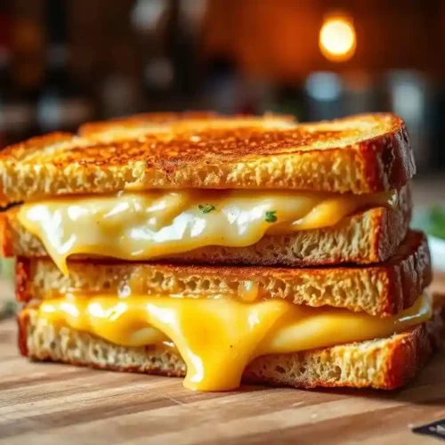 A delicious raclette sandwich featuring melted cheese, crispy bread, and fresh ingredients like ham, pickles, and greens.