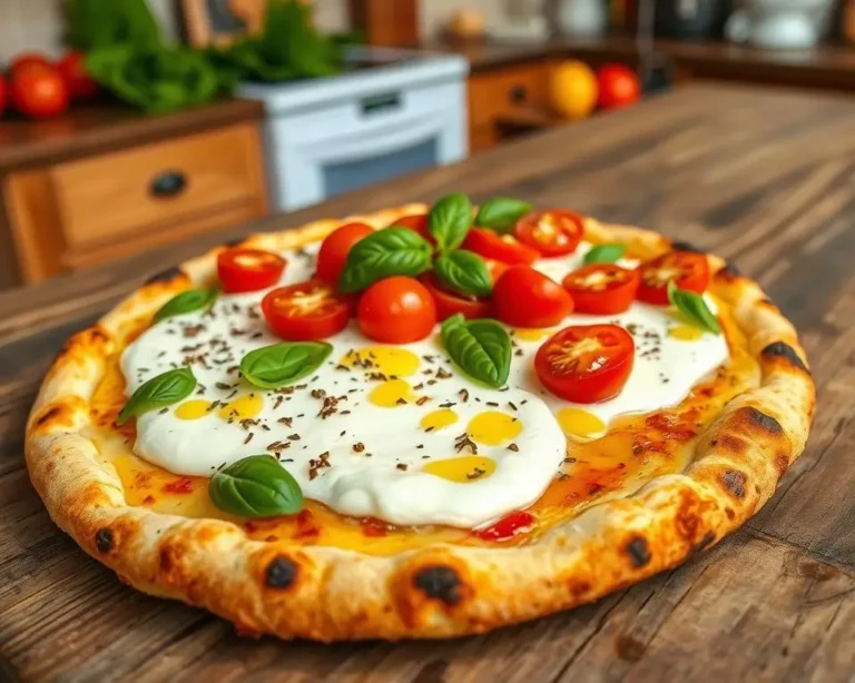 A freshly baked ricotta cheese pizza with a golden crust, dollops of creamy ricotta, fresh basil leaves, and a drizzle of olive oil.