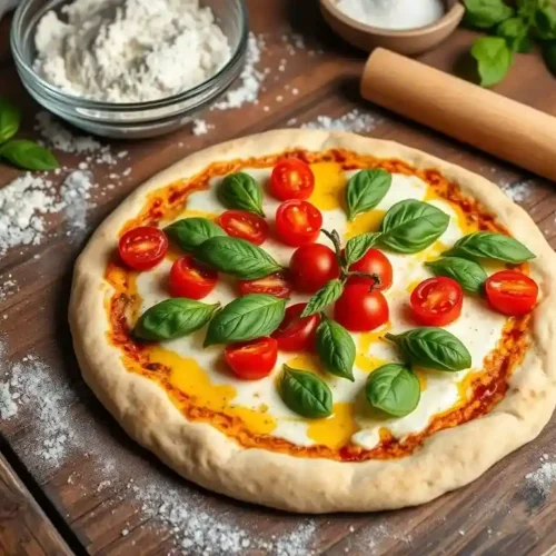 A freshly baked ricotta cheese pizza with a golden crust, dollops of creamy ricotta, fresh basil leaves, and a drizzle of olive oil.