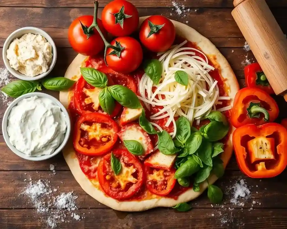 A freshly baked ricotta cheese pizza with a golden crust, dollops of creamy ricotta, fresh basil leaves, and a drizzle of olive oil.