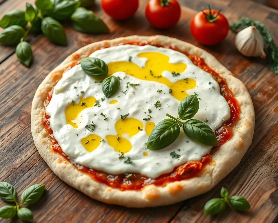 A freshly baked ricotta cheese pizza with a golden crust, dollops of creamy ricotta, fresh basil leaves, and a drizzle of olive oil.