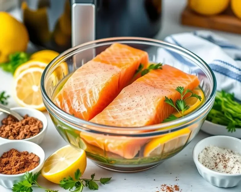 Perfectly cooked salmon fillets with a golden crust, garnished with fresh herbs and lemon slices, prepared in an air fryer.