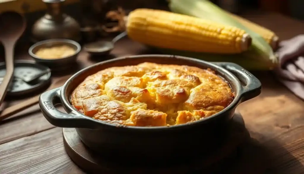 A golden-brown cornbread pudding, served warm with a moist and creamy interior, garnished with a sprig of parsley.