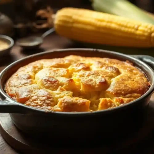 A golden-brown cornbread pudding, served warm with a moist and creamy interior, garnished with a sprig of parsley.