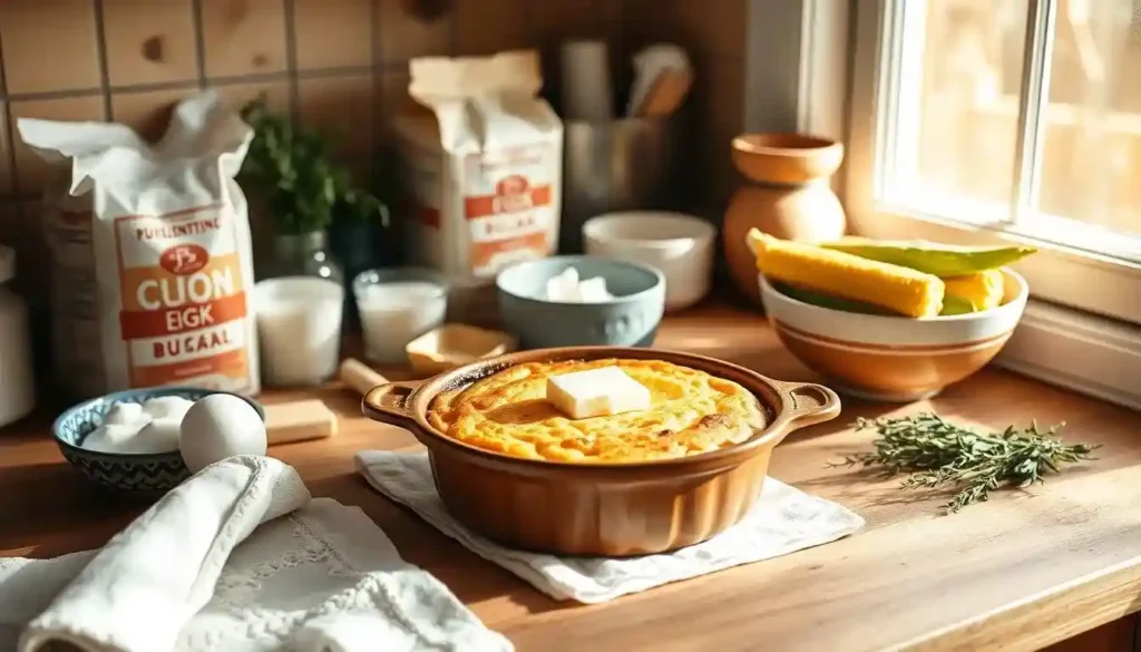 A golden-brown cornbread pudding, served warm with a moist and creamy interior, garnished with a sprig of parsley.