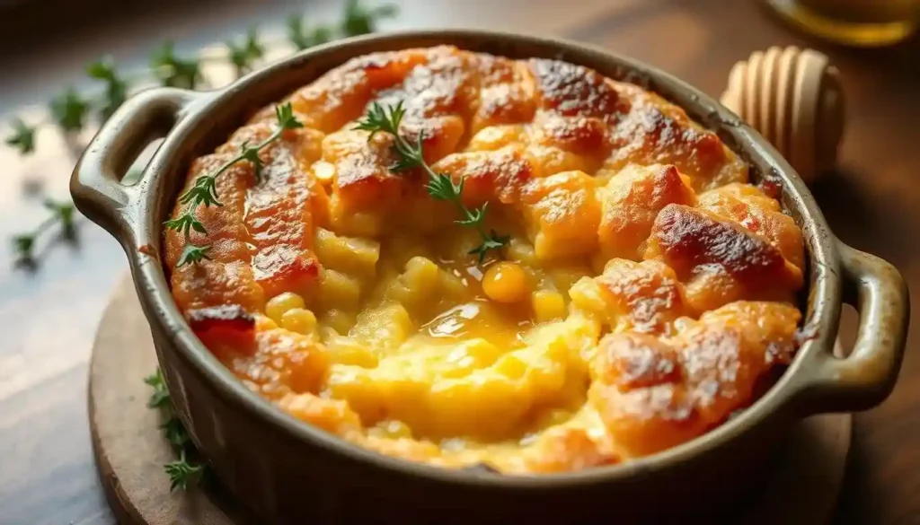 A golden-brown cornbread pudding, served warm with a moist and creamy interior, garnished with a sprig of parsley.