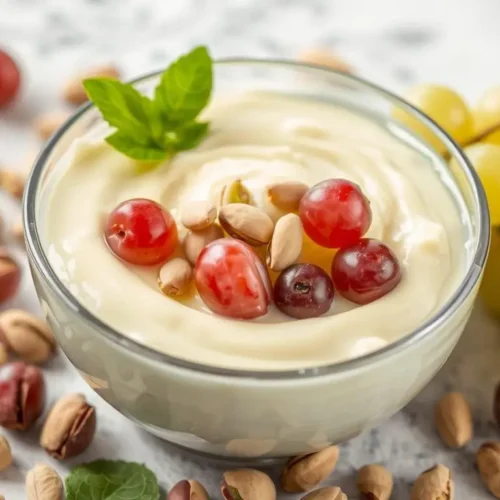 A creamy pistachio pudding dessert garnished with fresh green and red grapes, served in a glass bowl for a refreshing treat.