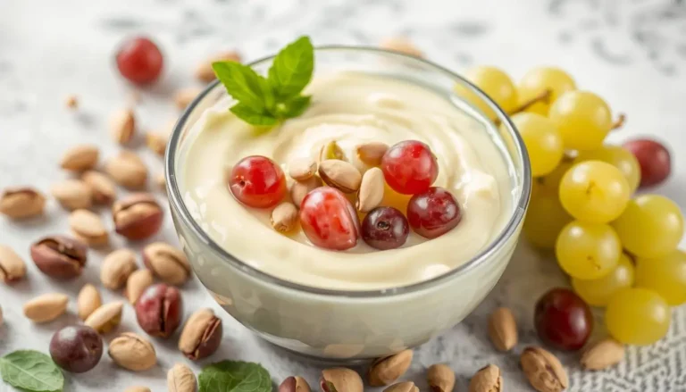 A creamy pistachio pudding dessert garnished with fresh green and red grapes, served in a glass bowl for a refreshing treat.