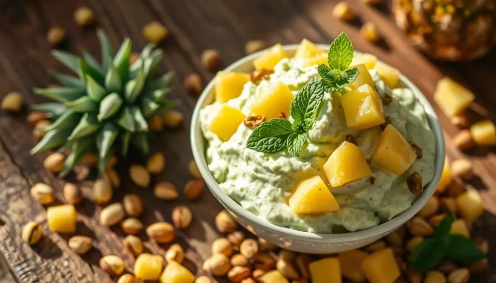 A creamy pistachio pudding dessert garnished with fresh green and red grapes, served in a glass bowl for a refreshing treat.