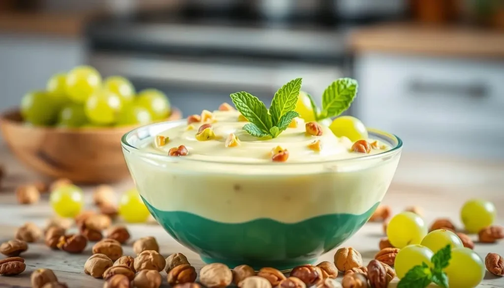 A creamy pistachio pudding dessert garnished with fresh green and red grapes, served in a glass bowl for a refreshing treat.