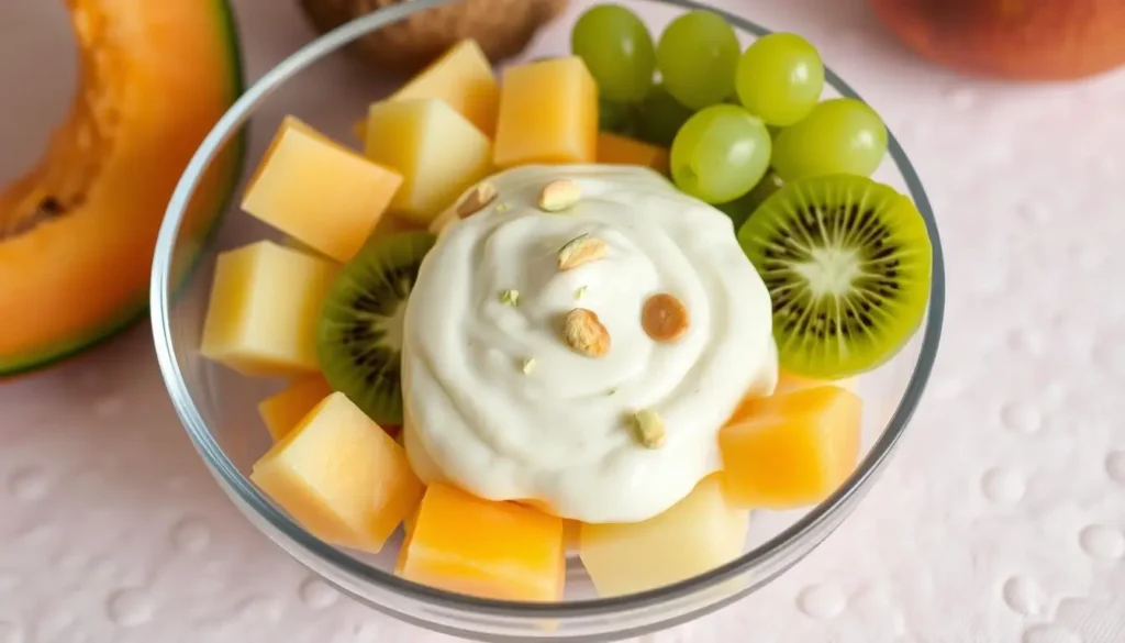 A creamy pistachio pudding dessert garnished with fresh green and red grapes, served in a glass bowl for a refreshing treat.