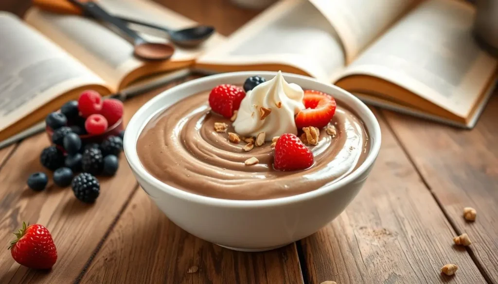 A creamy bowl of protein pudding topped with fresh berries and granola, perfect for a healthy snack or post-workout treat.