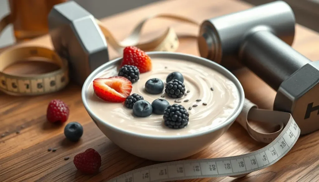 A creamy bowl of protein pudding topped with fresh berries and granola, perfect for a healthy snack or post-workout treat.