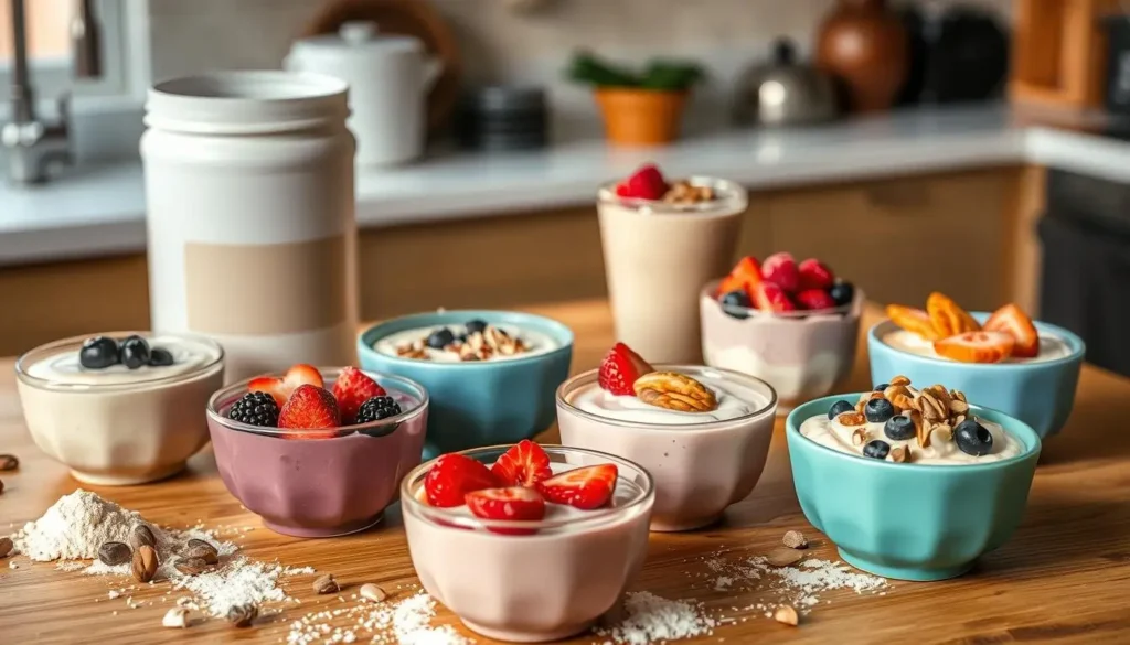 A creamy bowl of protein pudding topped with fresh berries and granola, perfect for a healthy snack or post-workout treat.