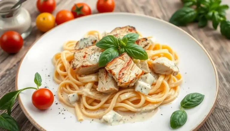 A plate of creamy chicken pasta with tender chicken pieces, rich sauce, and fresh herbs, served with parmesan cheese.