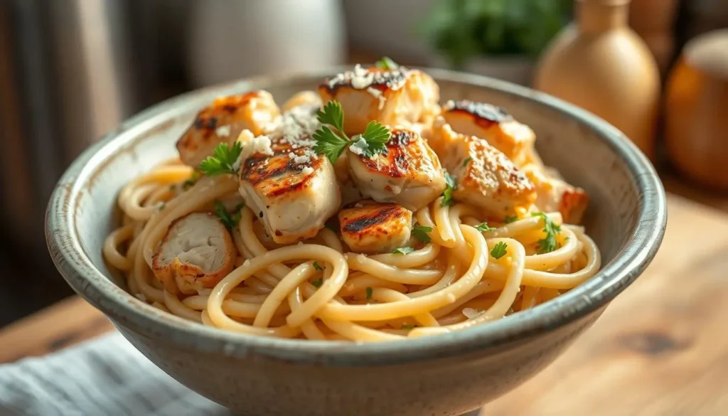 A plate of creamy chicken pasta with tender chicken pieces, rich sauce, and fresh herbs, served with parmesan cheese.