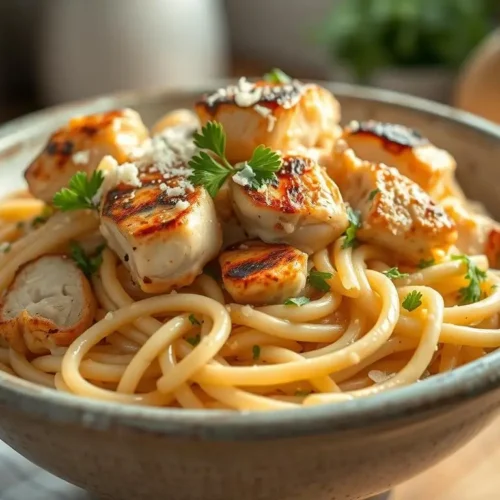 A plate of creamy chicken pasta with tender chicken pieces, rich sauce, and fresh herbs, served with parmesan cheese.